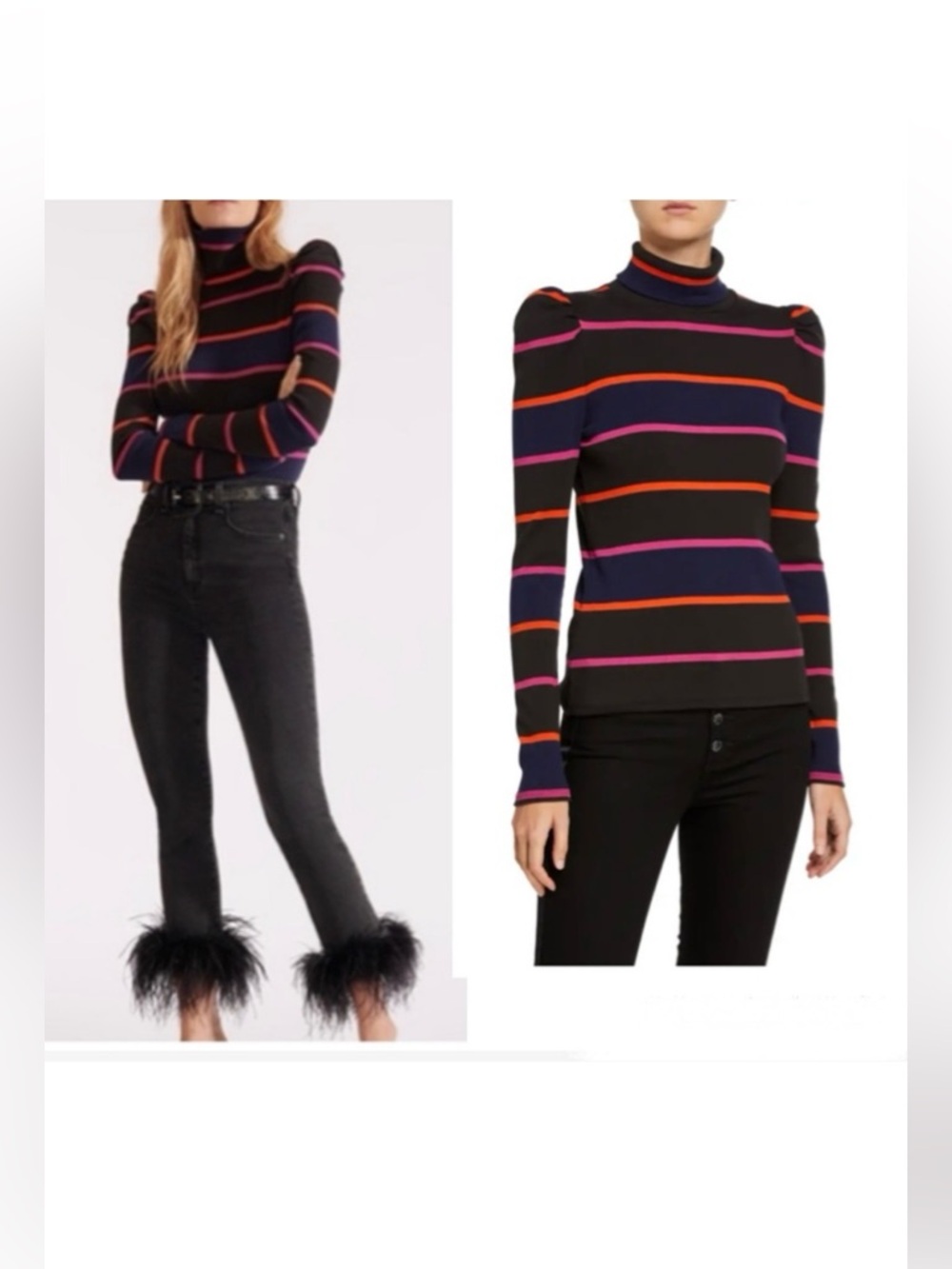 Veronica Beard Top Cedar Striped Turtleneck Ribbed Rainbow Stripes Academia